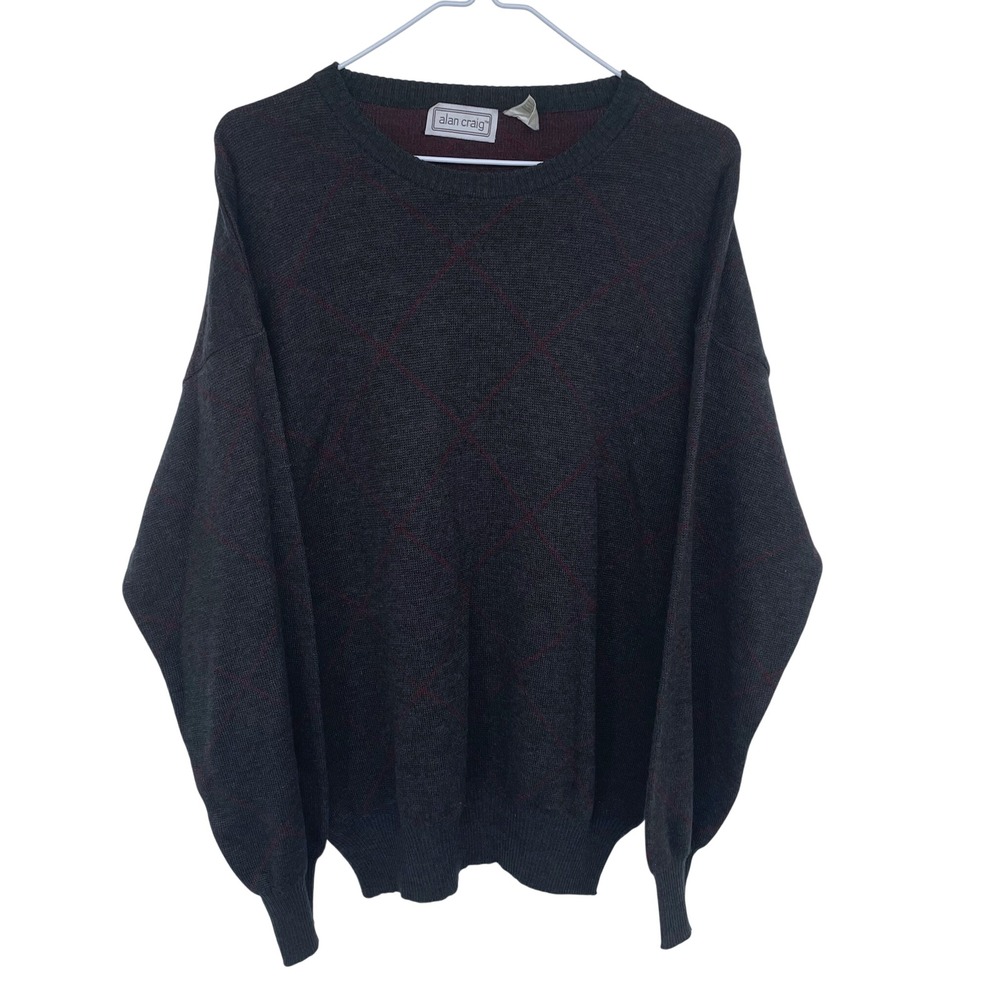 Vintage Alan Craig Argyle Knit Crewneck Sweater Gray Large Made in Italy Wool